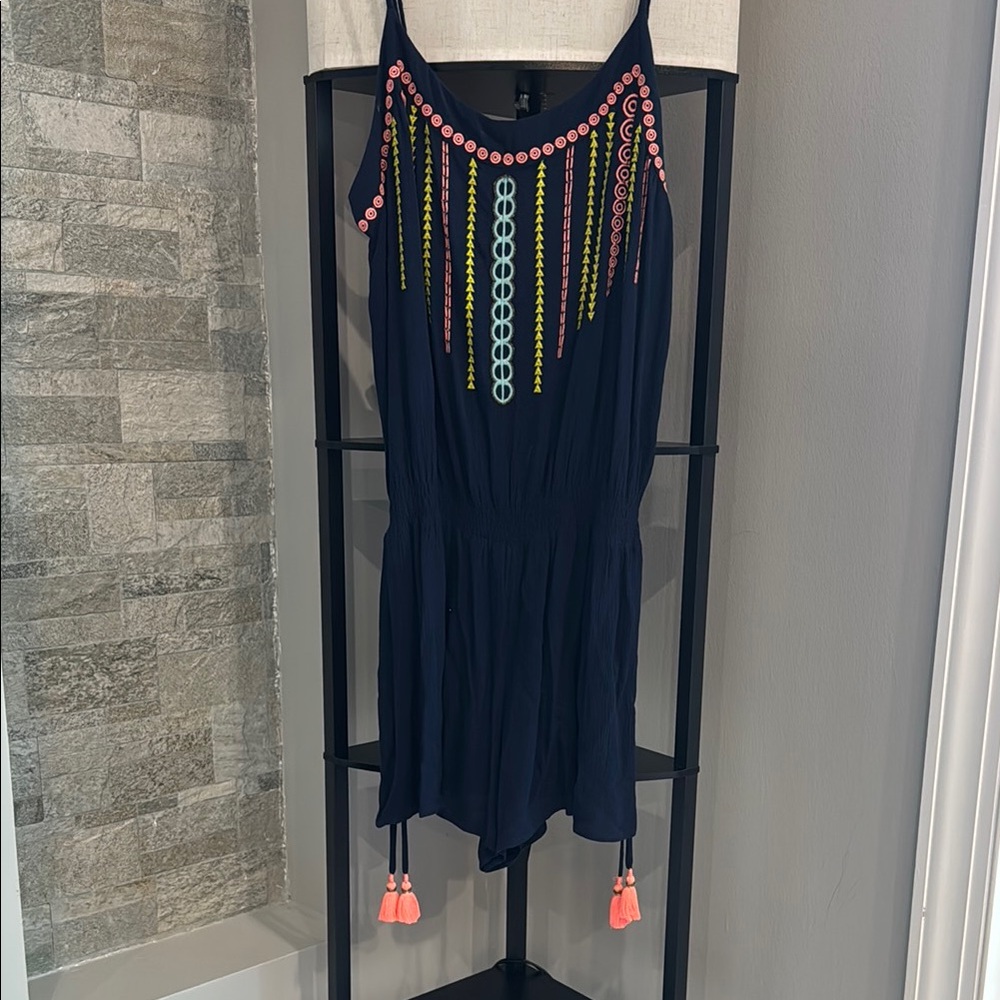Lilly Pulitzer Women's Romper Large Embroidered Blue Pink Yellow Tassels